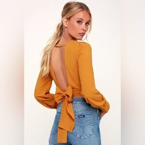 J.O.A. Mustard Brighten Your Day Long Sleeve Backless Crop Top Wrap Blouse Small